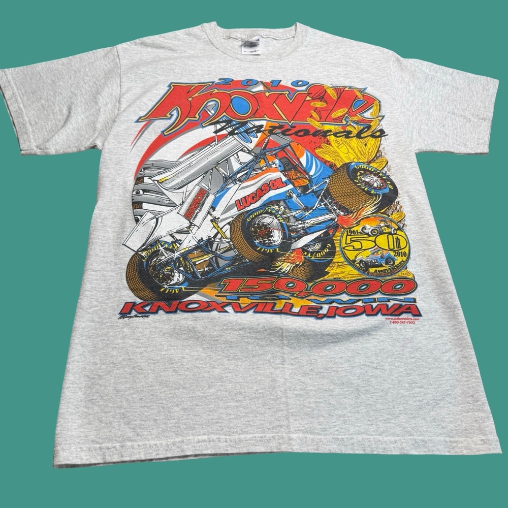 2010 Knoxville Nationals T Shirt Sz M White 50th Anniversary Sprint Car 2 Sided